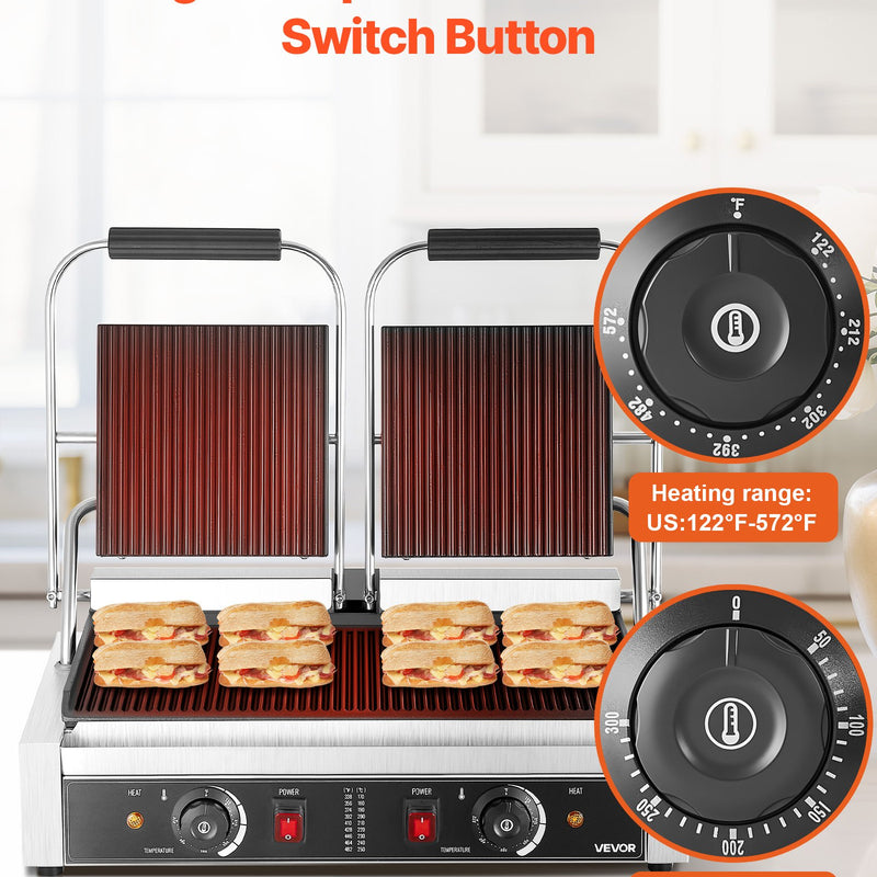 Komerciālais panini grils, 3600 W elektriskā sviestmaižu panna, nerūsējošā tērauda dubultā sviestmaižu prese, temperatūras regulēšana, 48 × 23 cm pilnībā rievota emaljas plate, piemērots hamburgeriem, steikam un bekonam