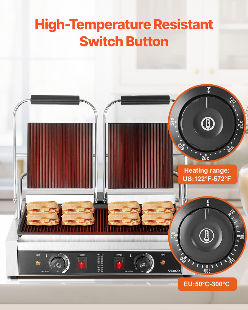 Komerciālais panini grils, 3600 W elektriskā sviestmaižu panna, nerūsējošā tērauda dubultā sviestmaižu prese, temperatūras regulēšana, 48 × 23 cm pilnībā rievota emaljas plate, piemērots hamburgeriem, steikam un bekonam