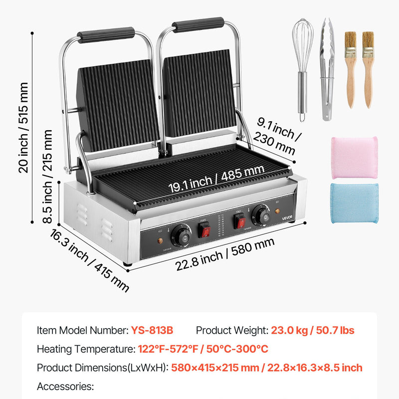 Komerciālais panini grils, 3600 W elektriskā sviestmaižu panna, nerūsējošā tērauda dubultā sviestmaižu prese, temperatūras regulēšana, 48 × 23 cm pilnībā rievota emaljas plate, piemērots hamburgeriem, steikam un bekonam