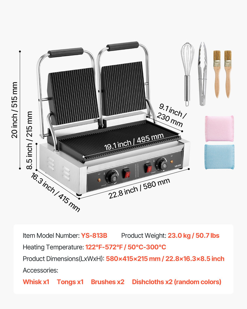 Komerciālais panini grils, 3600 W elektriskā sviestmaižu panna, nerūsējošā tērauda dubultā sviestmaižu prese, temperatūras regulēšana, 48 × 23 cm pilnībā rievota emaljas plate, piemērots hamburgeriem, steikam un bekonam
