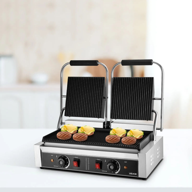 Komerciālais panini grils, 3600 W elektriskā sviestmaižu panna, nerūsējošā tērauda dubultā sviestmaižu prese, temperatūras regulēšana, 48 × 23 cm pilnībā rievota emaljas plate, piemērots hamburgeriem, steikam un bekonam