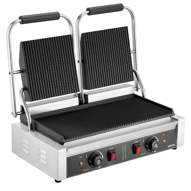 Komerciālais panini grils, 3600 W elektriskā sviestmaižu panna, nerūsējošā tērauda dubultā sviestmaižu prese, temperatūras regulēšana, 48 × 23 cm pilnībā rievota emaljas plate, piemērots hamburgeriem, steikam un bekonam