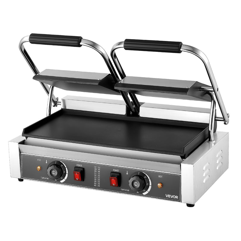 Komerciālais panini grils, 3600 W elektriskā sviestmaižu prese, nerūsējošais tērauds, temperatūras regulēšana, 48 × 23 cm gluda emaljas plat