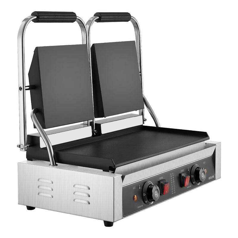 Komerciālais panini grils, 3600 W elektriskā sviestmaižu prese, nerūsējošais tērauds, temperatūras regulēšana, 48 × 23 cm gluda emaljas plat