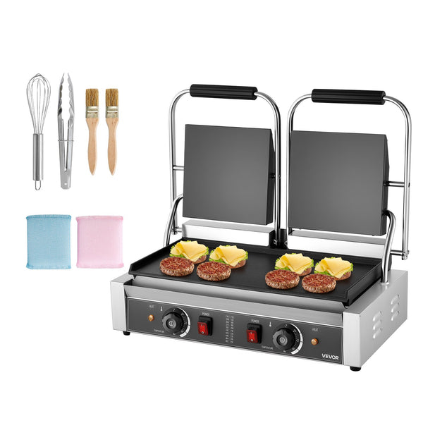 Komerciālais panini grils, 3600 W elektriskā sviestmaižu prese, nerūsējošais tērauds, temperatūras regulēšana, 48 × 23 cm gluda emaljas plat