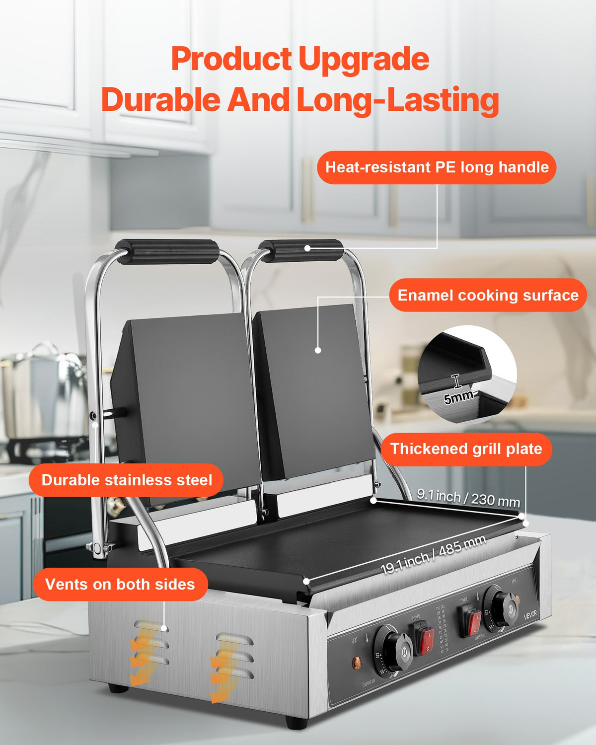 VEVOR Commercial Panini Grill 3600 W, 48 × 23 cm Smooth Plate