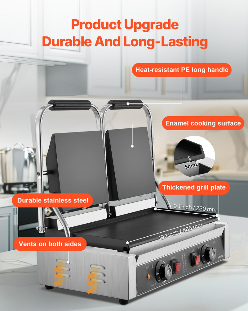 Komerciālais panini grils, 3600 W elektriskā sviestmaižu prese, nerūsējošais tērauds, temperatūras regulēšana, 48 × 23 cm gluda emaljas plat