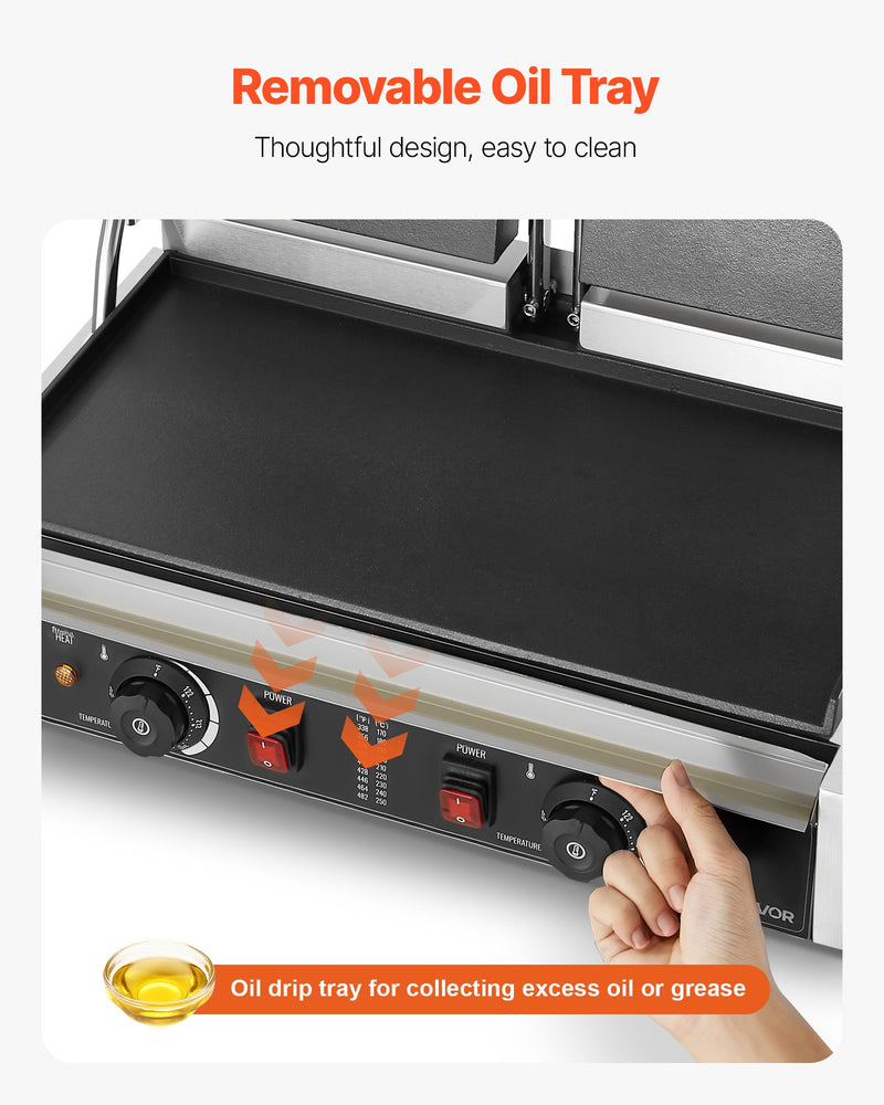 Komerciālais panini grils, 3600 W elektriskā sviestmaižu prese, nerūsējošais tērauds, temperatūras regulēšana, 48 × 23 cm gluda emaljas plat