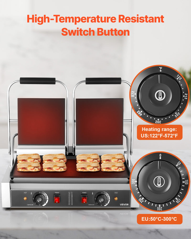 Komerciālais panini grils, 3600 W elektriskā sviestmaižu prese, nerūsējošais tērauds, temperatūras regulēšana, 48 × 23 cm gluda emaljas plat