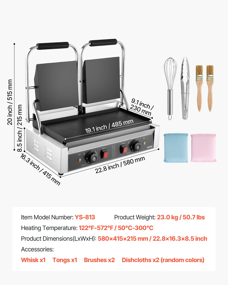 Komerciālais panini grils, 3600 W elektriskā sviestmaižu prese, nerūsējošais tērauds, temperatūras regulēšana, 48 × 23 cm gluda emaljas plat