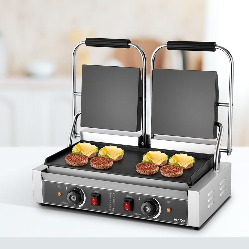 Komerciālais panini grils, 3600 W elektriskā sviestmaižu prese, nerūsējošais tērauds, temperatūras regulēšana, 48 × 23 cm gluda emaljas plat