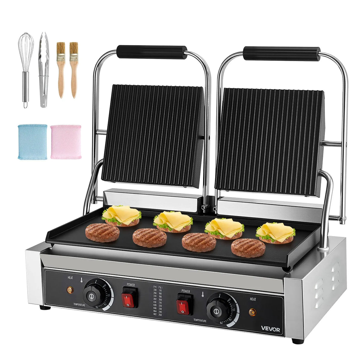 VEVOR Commercial Panini Grill 3600 W, Dual Press, 48 × 23 cm Smooth Plate