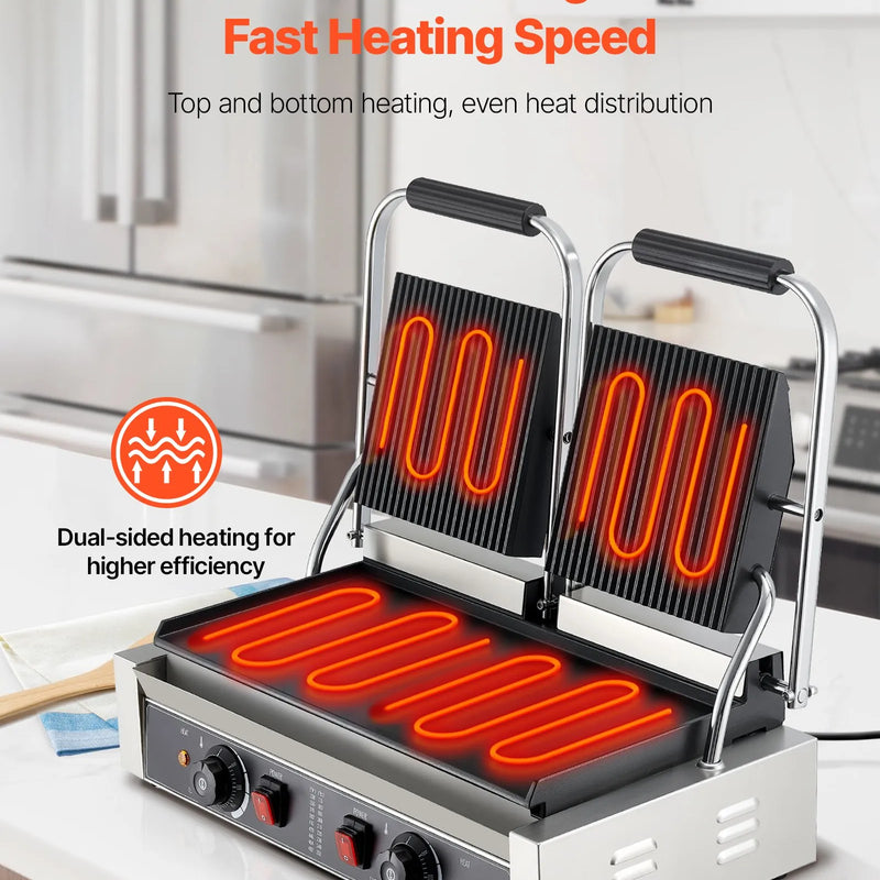 Komerciālais panini grils 3600 W, nerūsējošais tērauds, dubultais preses grils ar temperatūras kontroli, 48x23 cm emaljas plate