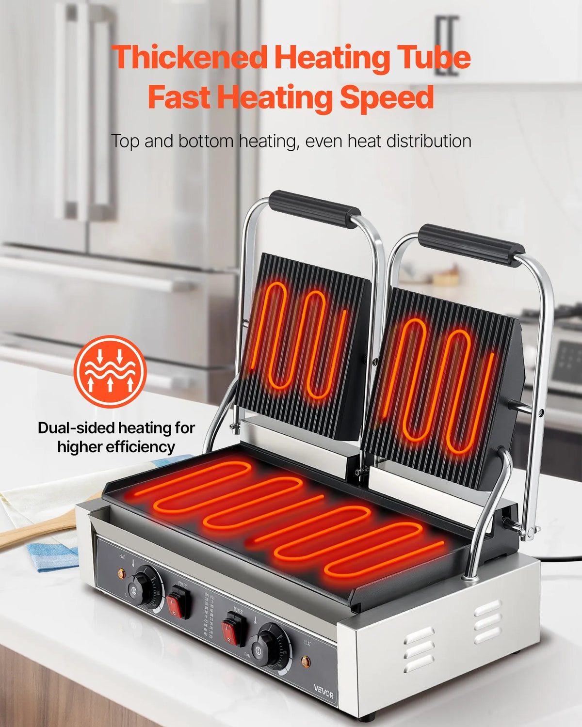 VEVOR Commercial Panini Grill 3600 W, Dual Press, 48 × 23 cm Smooth Plate