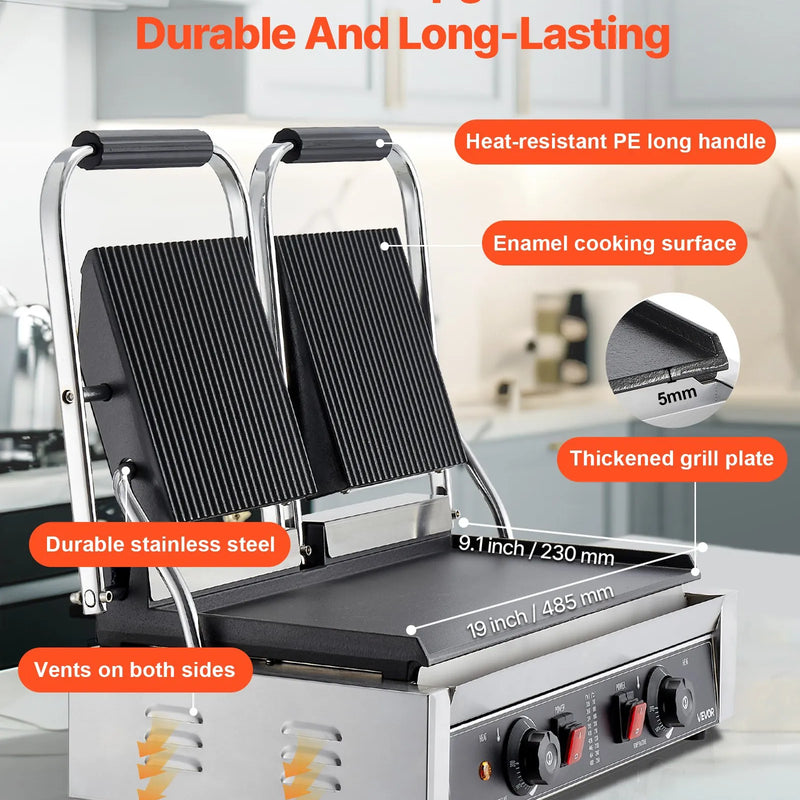 Komerciālais panini grils 3600 W, nerūsējošais tērauds, dubultais preses grils ar temperatūras kontroli, 48x23 cm emaljas plate