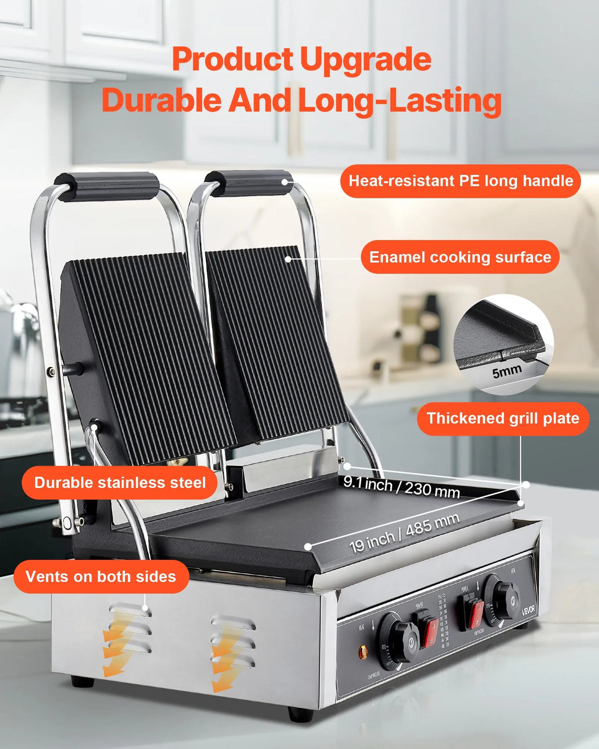 VEVOR Commercial Panini Grill 3600 W, Dual Press, 48 × 23 cm Smooth Plate