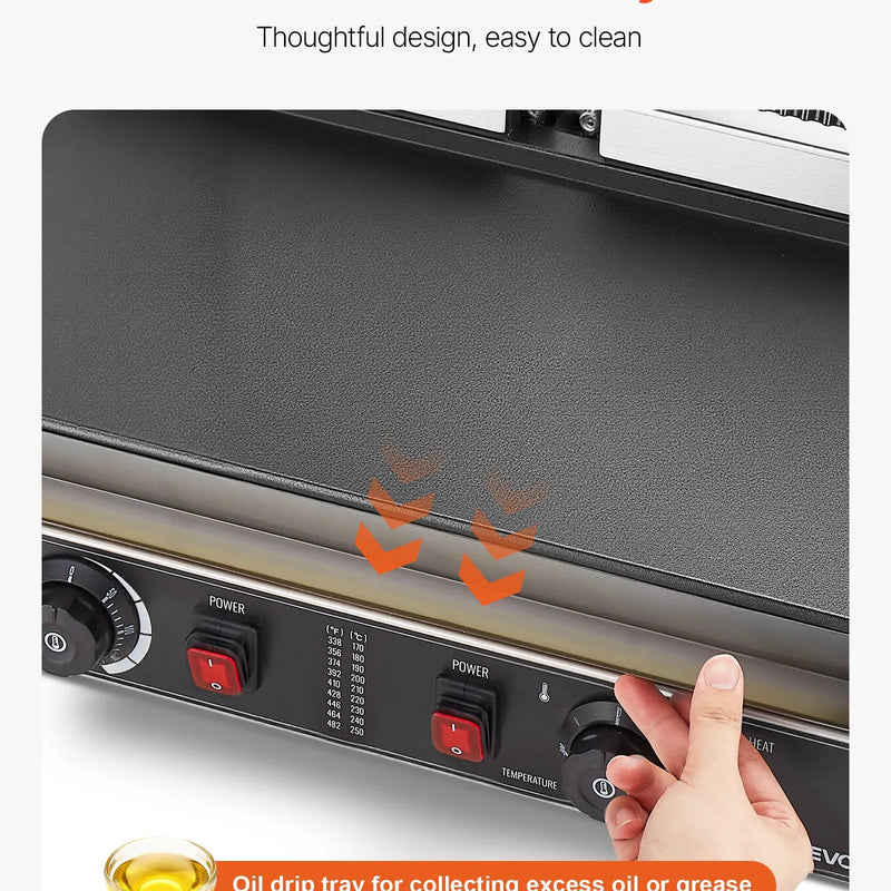 Komerciālais panini grils 3600 W, nerūsējošais tērauds, dubultais preses grils ar temperatūras kontroli, 48x23 cm emaljas plate