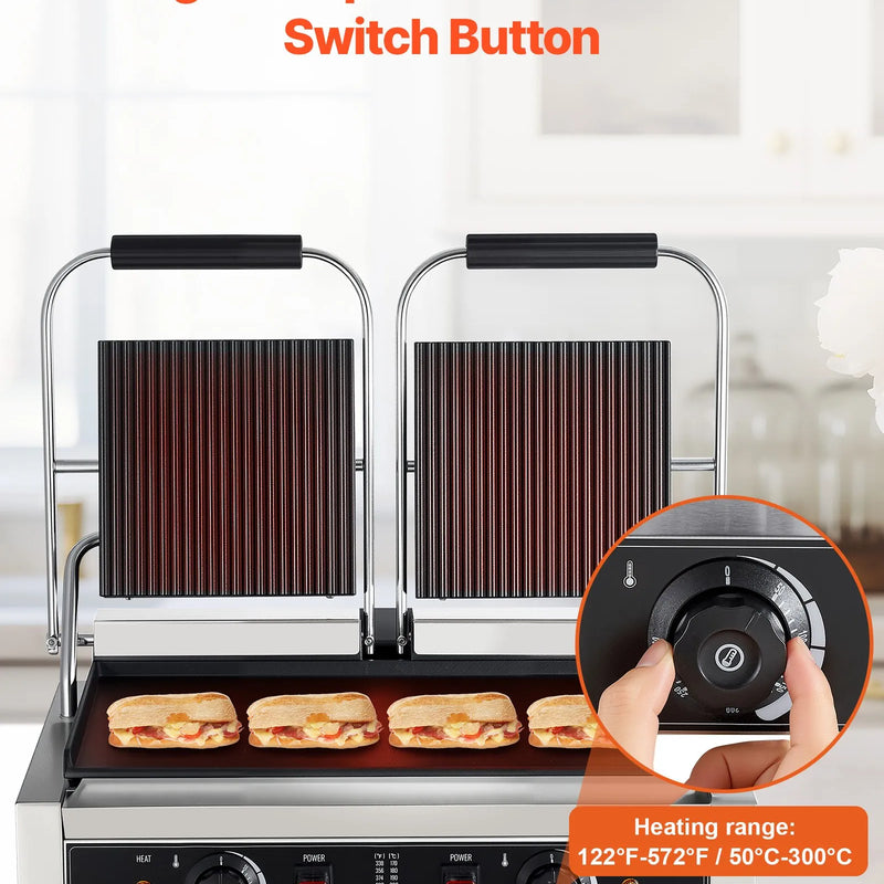 Komerciālais panini grils 3600 W, nerūsējošais tērauds, dubultais preses grils ar temperatūras kontroli, 48x23 cm emaljas plate