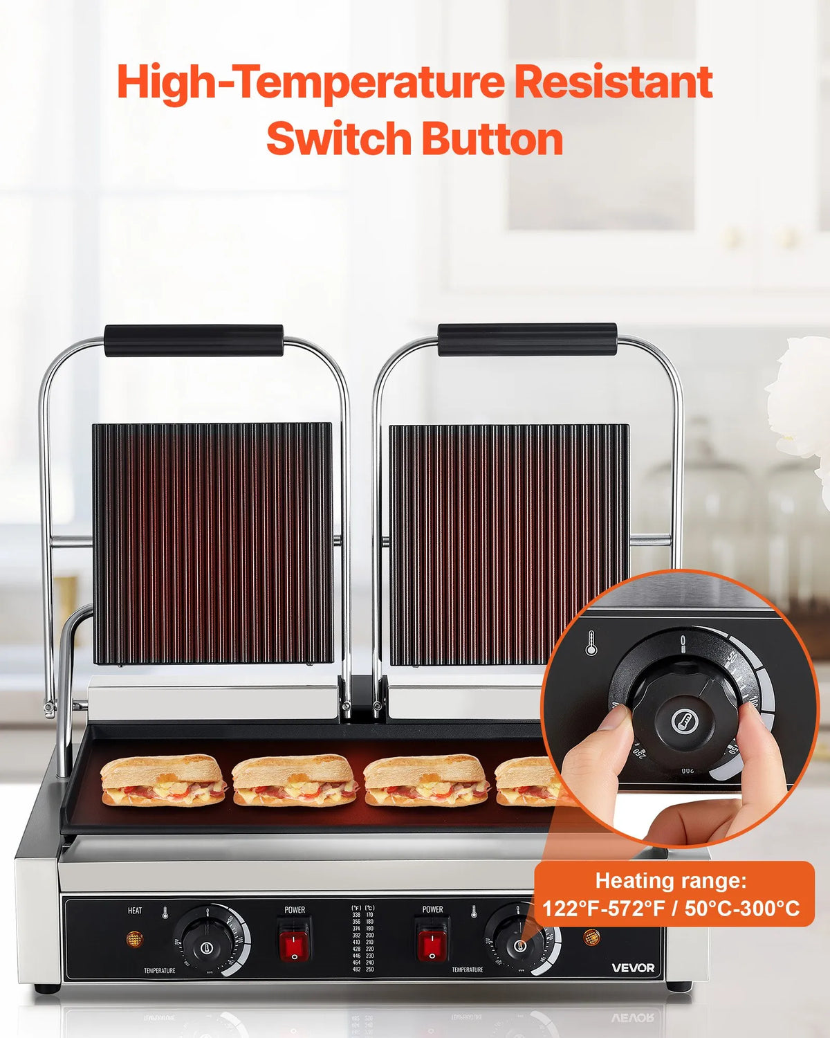 VEVOR Commercial Panini Grill 3600 W, Dual Press, 48 × 23 cm Smooth Plate
