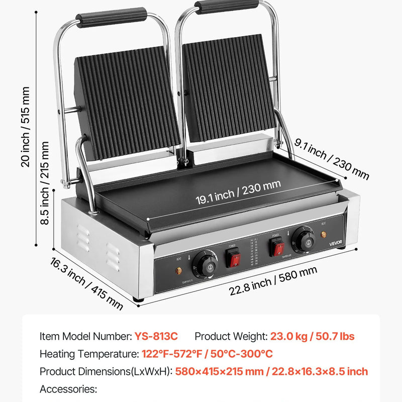 Komerciālais panini grils 3600 W, nerūsējošais tērauds, dubultais preses grils ar temperatūras kontroli, 48x23 cm emaljas plate