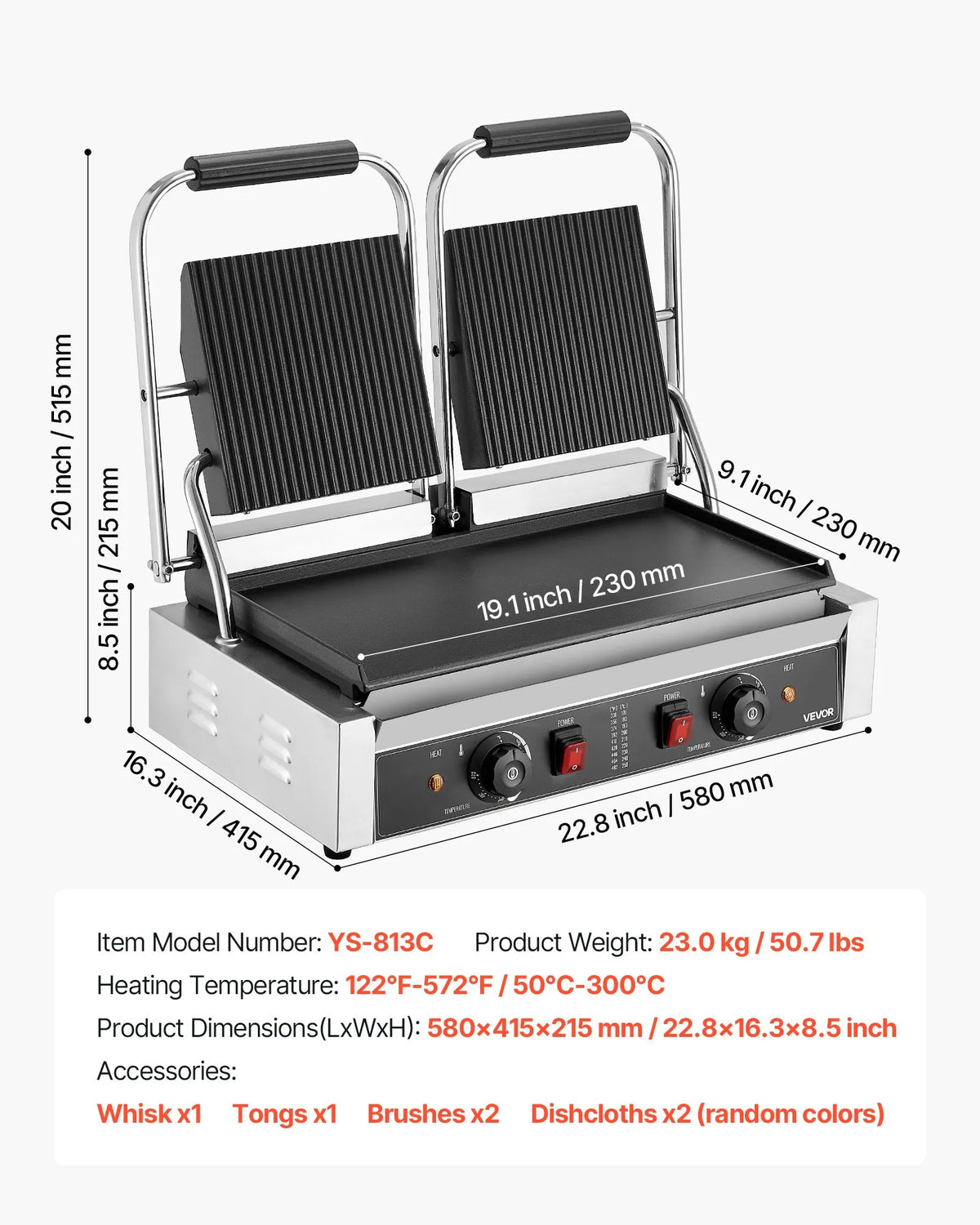 VEVOR Commercial Panini Grill 3600 W, Dual Press, 48 × 23 cm Smooth Plate