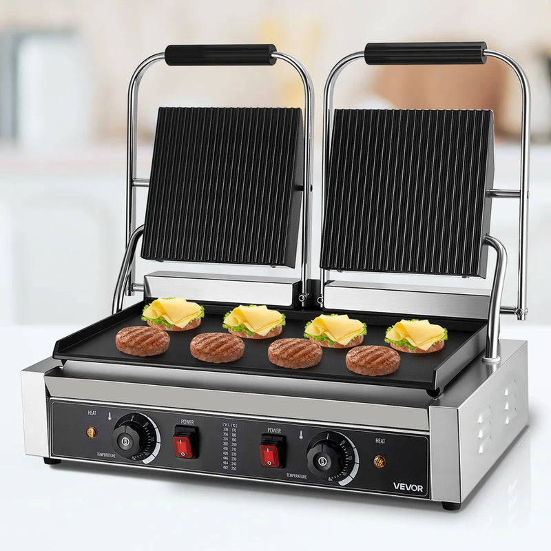Komerciālais panini grils 3600 W, nerūsējošais tērauds, dubultais preses grils ar temperatūras kontroli, 48x23 cm emaljas plate
