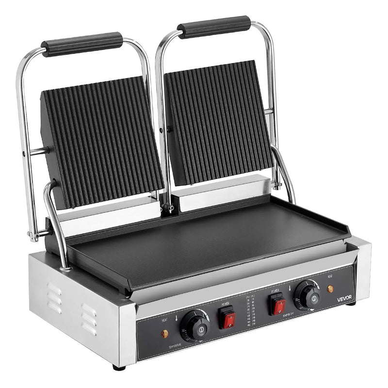 Komerciālais panini grils 3600 W, nerūsējošais tērauds, dubultais preses grils ar temperatūras kontroli, 48x23 cm emaljas plate