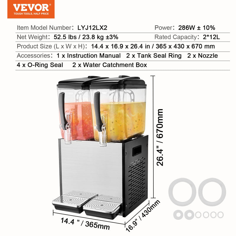 VEVOR Komerciāls Dzērienu Dispenseris 12 L x 2 Tvertnes