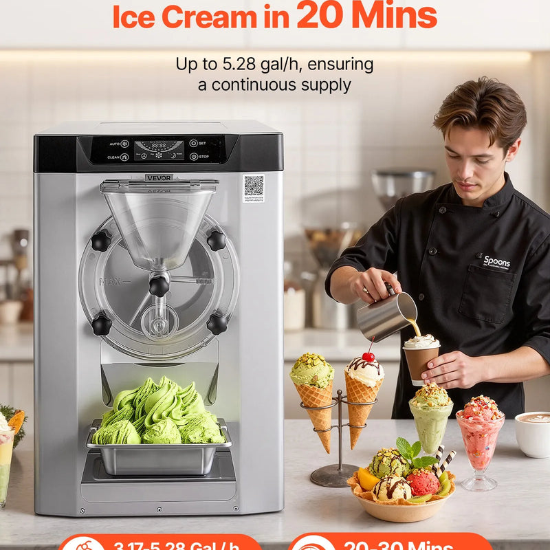 VEVOR komerciāla galda saldējuma mašīna, 2000 W, 12–20 L/h, gelato un cietajam saldējumam, 6 L 304 nerūsējošā tērauda cilindrs, automātiskā tīrīšana, LED panelis