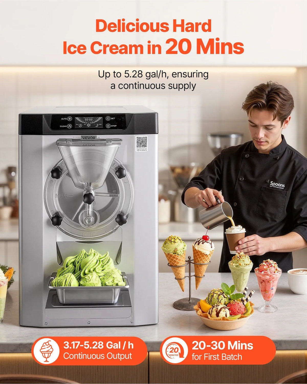VEVOR komerciālā galda gelato un cietā saldējuma mašīna 12–20 l/h, 2000 W, 6 l cilindrs, automātiskā tīrīšana