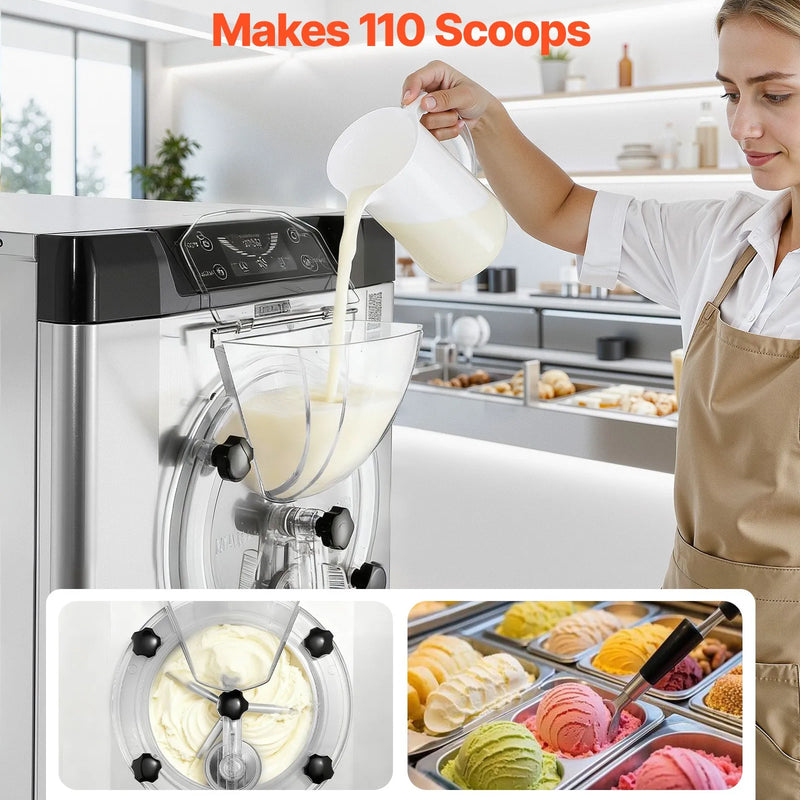 VEVOR komerciāla galda saldējuma mašīna, 2000 W, 12–20 L/h, gelato un cietajam saldējumam, 6 L 304 nerūsējošā tērauda cilindrs, automātiskā tīrīšana, LED panelis