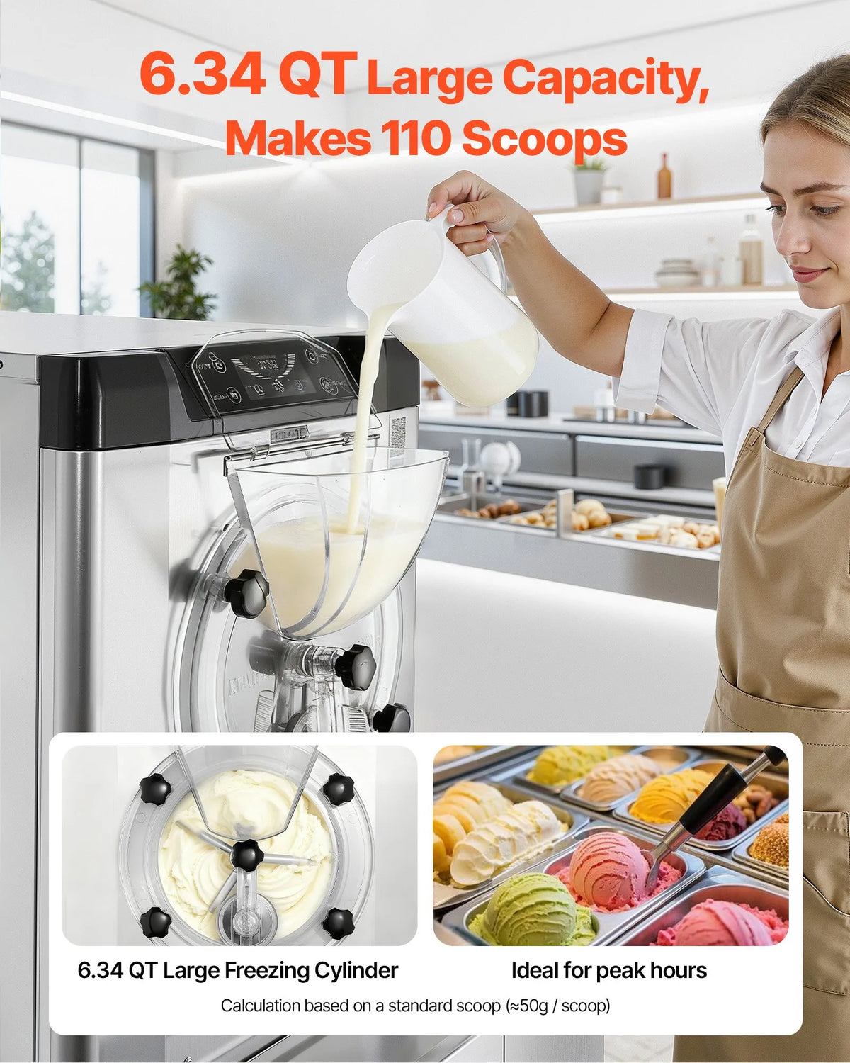 VEVOR komerciālā galda gelato un cietā saldējuma mašīna 12–20 l/h, 2000 W, 6 l cilindrs, automātiskā tīrīšana