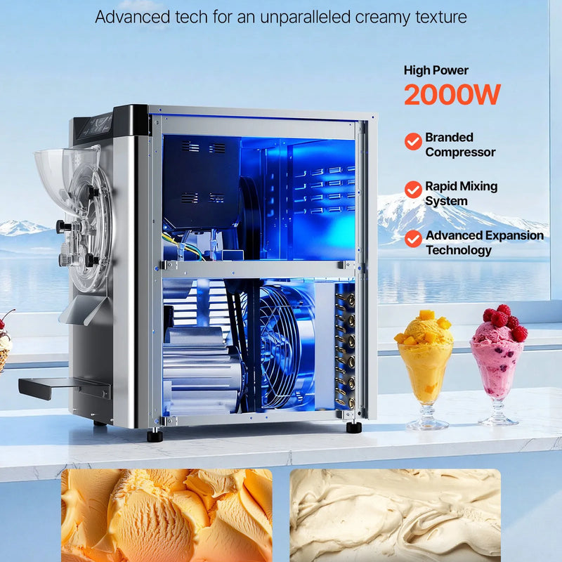 VEVOR komerciāla galda saldējuma mašīna, 2000 W, 12–20 L/h, gelato un cietajam saldējumam, 6 L 304 nerūsējošā tērauda cilindrs, automātiskā tīrīšana, LED panelis