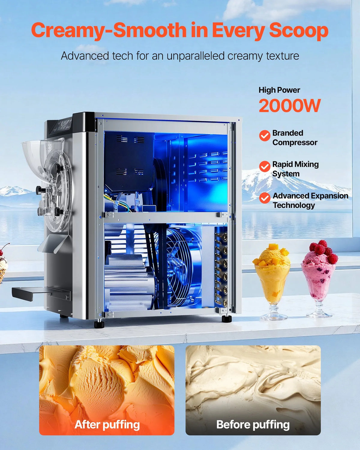 VEVOR komerciālā galda gelato un cietā saldējuma mašīna 12–20 l/h, 2000 W, 6 l cilindrs, automātiskā tīrīšana