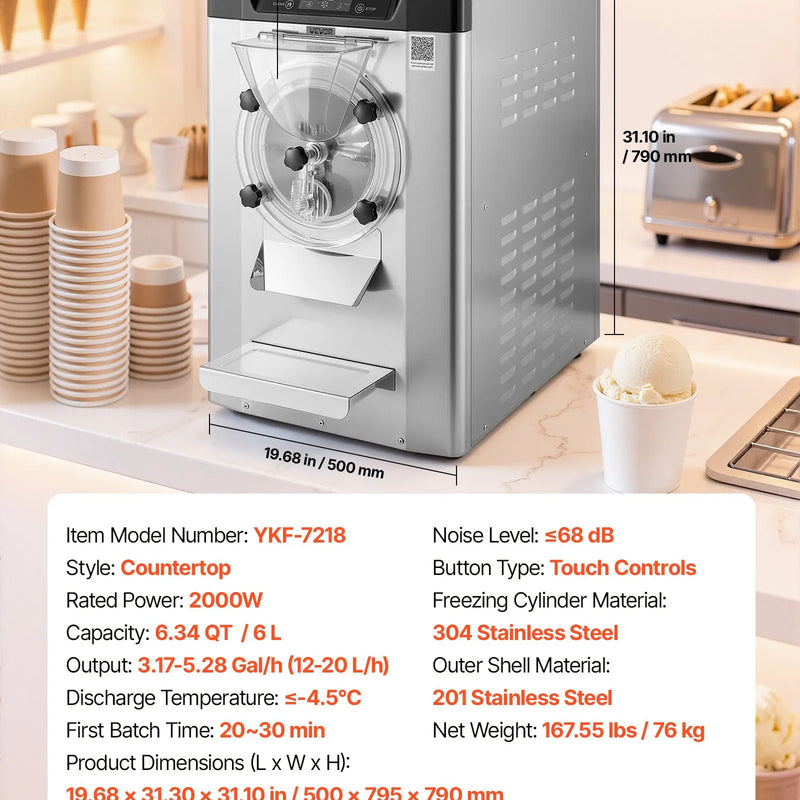 VEVOR komerciāla galda saldējuma mašīna, 2000 W, 12–20 L/h, gelato un cietajam saldējumam, 6 L 304 nerūsējošā tērauda cilindrs, automātiskā tīrīšana, LED panelis