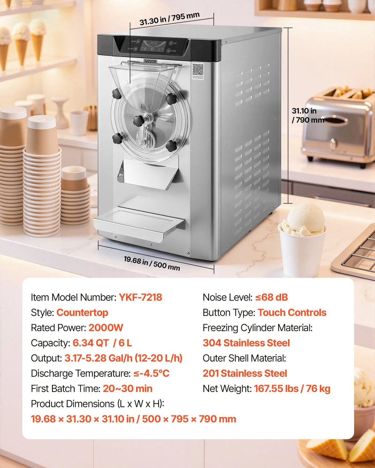 VEVOR komerciālā galda gelato un cietā saldējuma mašīna 12–20 l/h, 2000 W, 6 l cilindrs, automātiskā tīrīšana