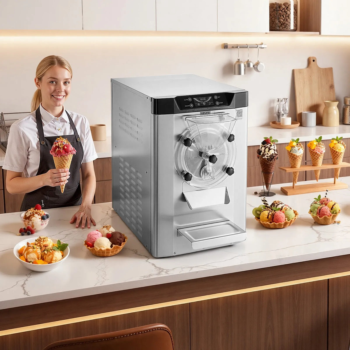VEVOR komerciālā galda gelato un cietā saldējuma mašīna 12–20 l/h, 2000 W, 6 l cilindrs, automātiskā tīrīšana