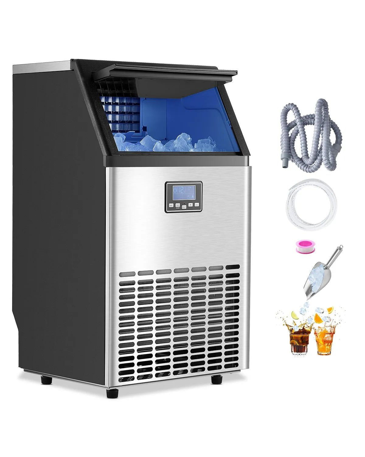 VEVOR komerciālais ledus ģenerators 45,4 kg/24 h ar 15 kg uzglabāšanas ietilpību, 45 kubiņi 15 minūtēs, brīvi stāvošs ar LED digitālo displeju un pašattīrīšanos, piemērots bāram, birojam un restorānam - ZEMLETES.LV