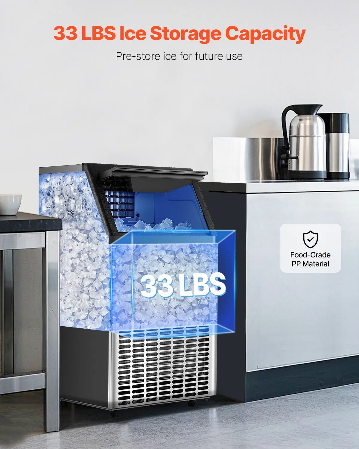 VEVOR komerciālais ledus ģenerators 45,4 kg/24 h ar 15 kg uzglabāšanas ietilpību, 45 kubiņi 15 minūtēs, brīvi stāvošs ar LED digitālo displeju un pašattīrīšanos, piemērots bāram, birojam un restorānam - ZEMLETES.LV
