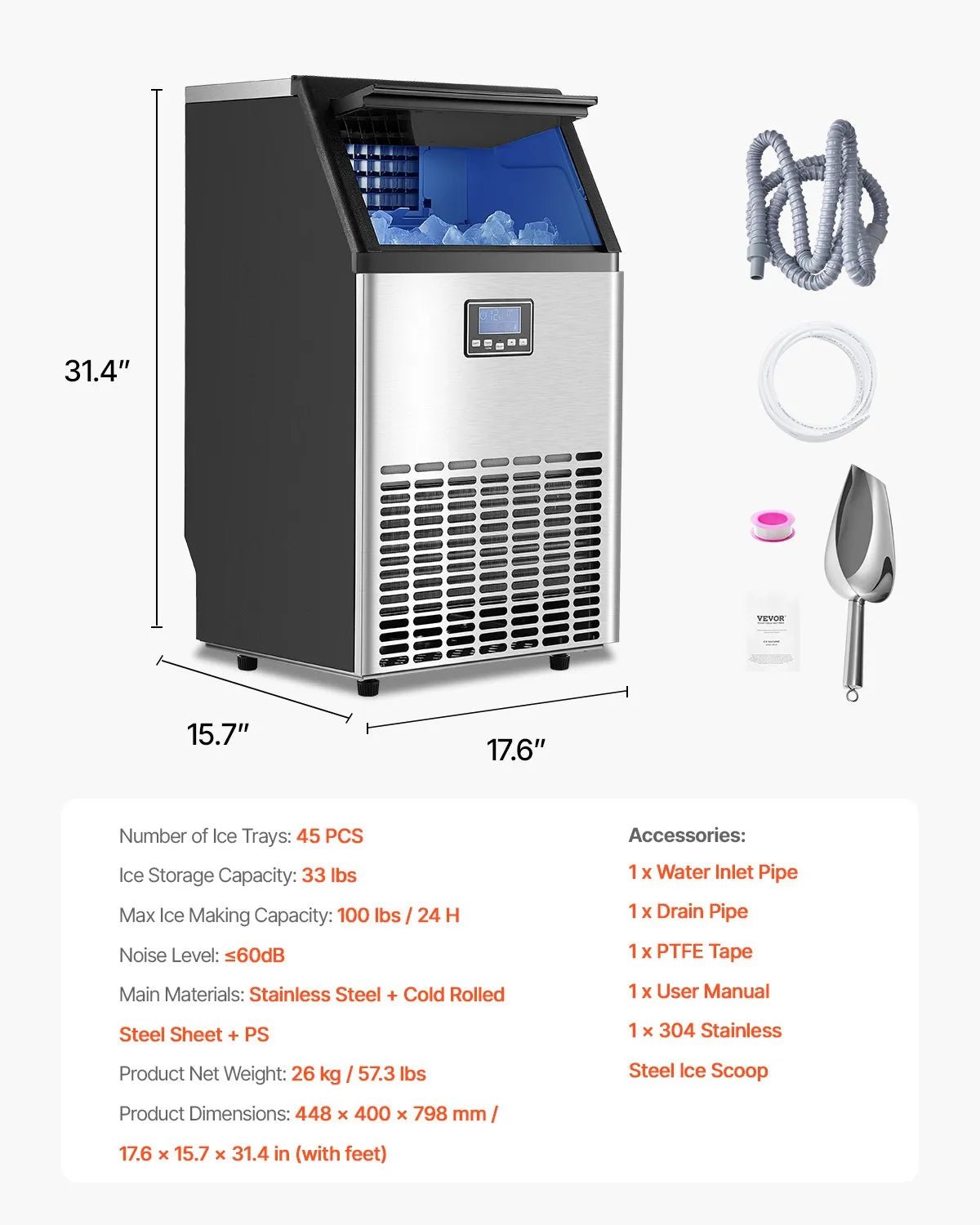 VEVOR komerciālais ledus ģenerators 45,4 kg/24 h ar 15 kg uzglabāšanas ietilpību, 45 kubiņi 15 minūtēs, brīvi stāvošs ar LED digitālo displeju un pašattīrīšanos, piemērots bāram, birojam un restorānam - ZEMLETES.LV