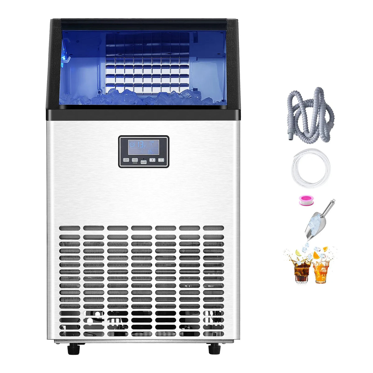 VEVOR komerciālais ledus ģenerators 45,4 kg/24 h ar 15 kg uzglabāšanas ietilpību, 45 kubiņi 15 minūtēs, brīvi stāvošs ar LED digitālo displeju un pašattīrīšanos, piemērots bāram, birojam un restorānam - ZEMLETES.LV