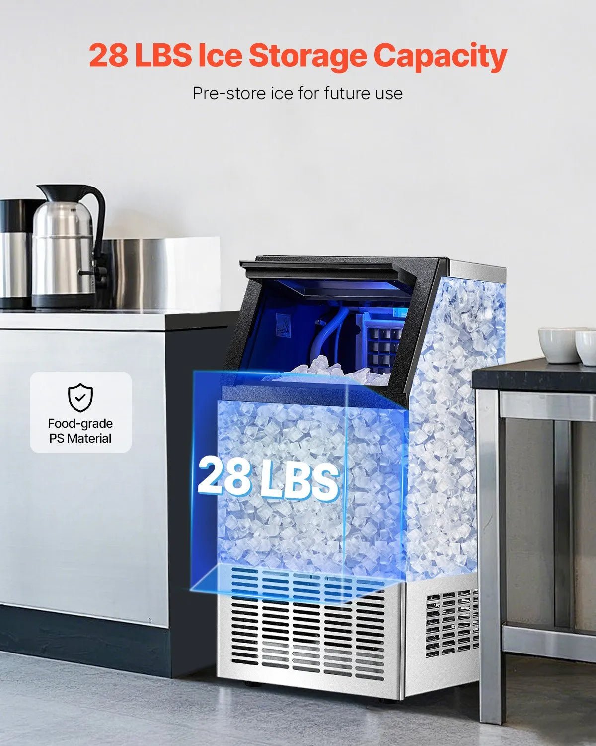 VEVOR komerciālais ledus ģenerators 49,9 kg/24 h ar 12,7 kg uzglabāšanas ietilpību, 36 kubiņi 15 minūtēs, brīvi stāvošs ar LED digitālo displeju un pašattīrīšanos, piemērots bāram, birojam un restorānam - ZEMLETES.LV