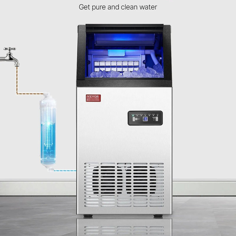 VEVOR komerciālais ledus ģenerators 49,9 kg/24 h ar 12,7 kg uzglabāšanas ietilpību, 36 kubiņi 15 minūtēs, brīvi stāvošs ar LED digitālo displeju un pašattīrīšanos, piemērots bāram, birojam un restorānam - ZEMLETES.LV