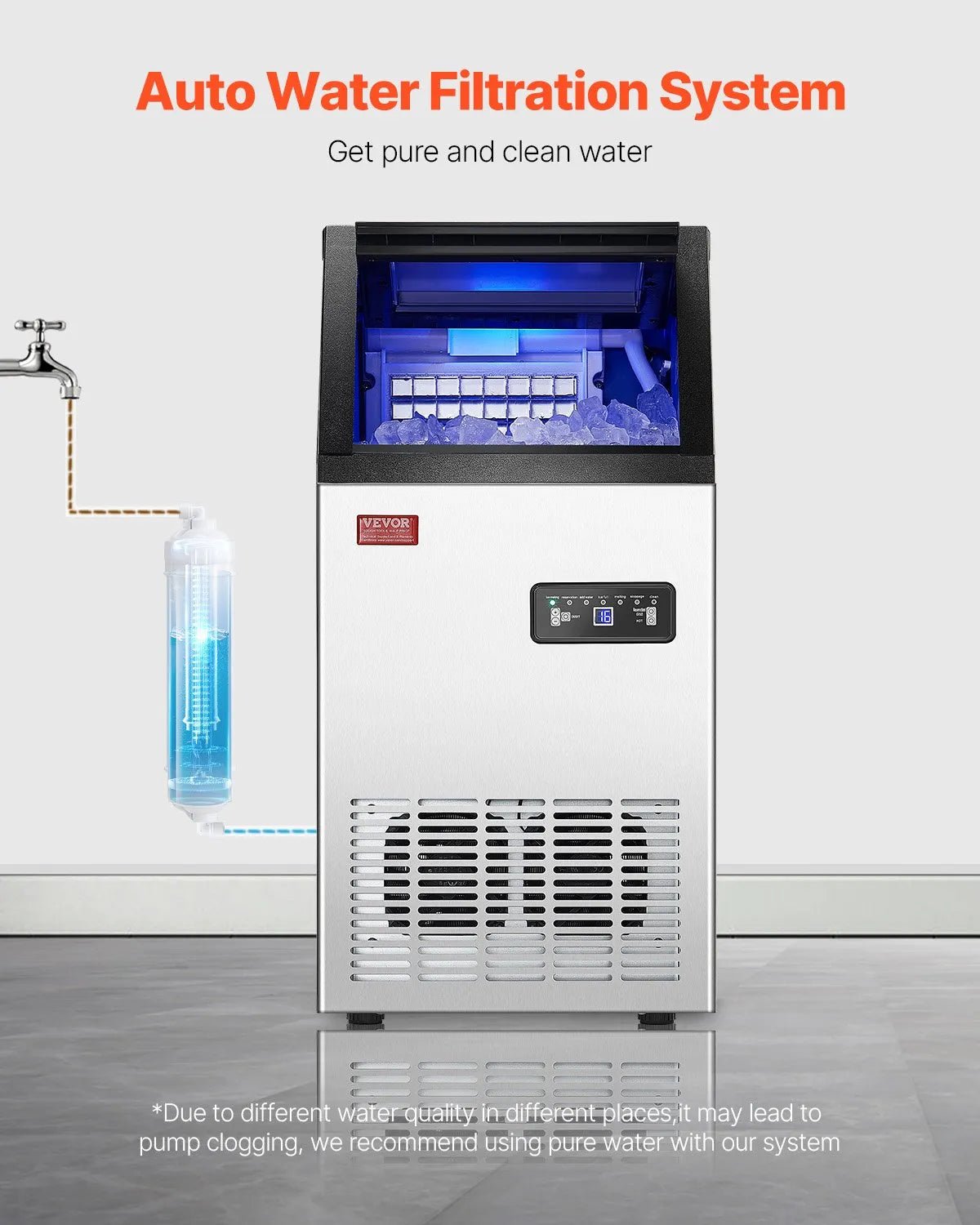 VEVOR komerciālais ledus ģenerators 49,9 kg/24 h ar 12,7 kg uzglabāšanas ietilpību, 36 kubiņi 15 minūtēs, brīvi stāvošs ar LED digitālo displeju un pašattīrīšanos, piemērots bāram, birojam un restorānam - ZEMLETES.LV