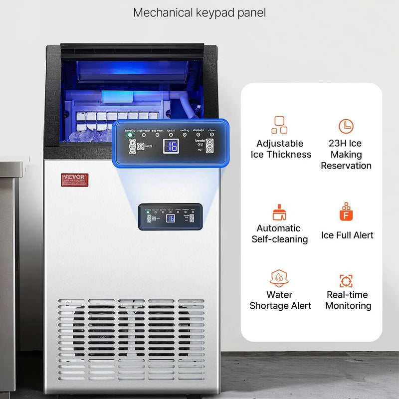 VEVOR komerciālais ledus ģenerators 49,9 kg/24 h ar 12,7 kg uzglabāšanas ietilpību, 36 kubiņi 15 minūtēs, brīvi stāvošs ar LED digitālo displeju un pašattīrīšanos, piemērots bāram, birojam un restorānam - ZEMLETES.LV