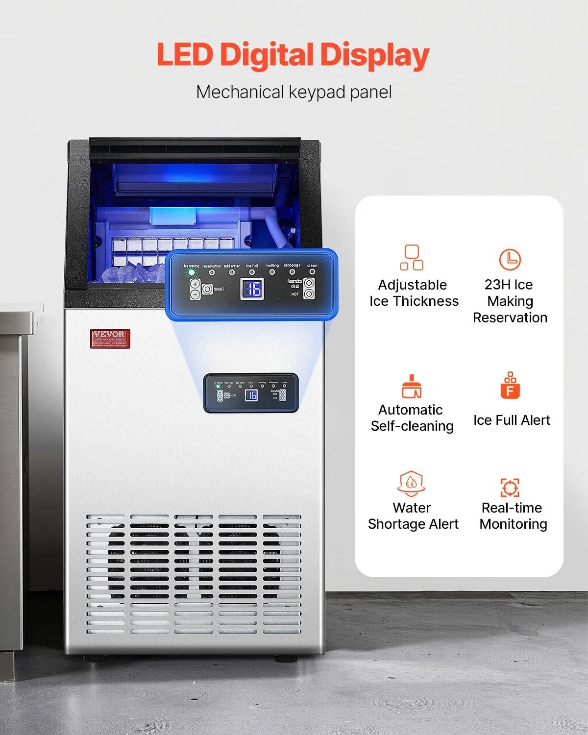VEVOR komerciālais ledus ģenerators 49,9 kg/24 h ar 12,7 kg uzglabāšanas ietilpību, 36 kubiņi 15 minūtēs, brīvi stāvošs ar LED digitālo displeju un pašattīrīšanos, piemērots bāram, birojam un restorānam - ZEMLETES.LV
