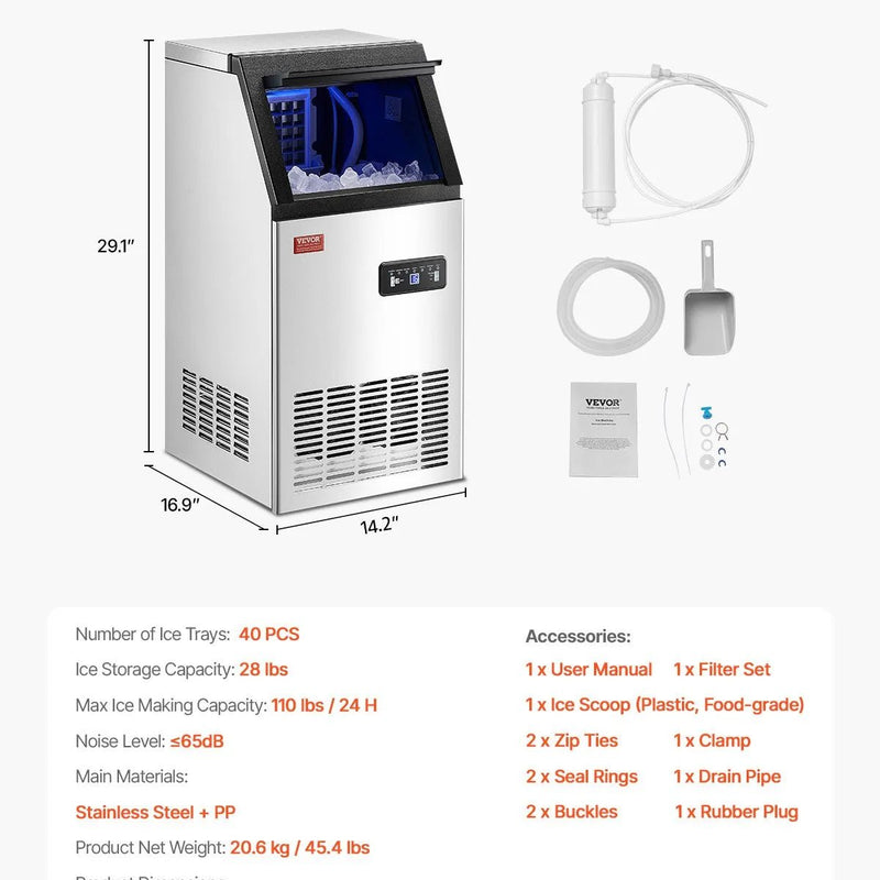 VEVOR komerciālais ledus ģenerators 49,9 kg/24 h ar 12,7 kg uzglabāšanas ietilpību, 36 kubiņi 15 minūtēs, brīvi stāvošs ar LED digitālo displeju un pašattīrīšanos, piemērots bāram, birojam un restorānam - ZEMLETES.LV