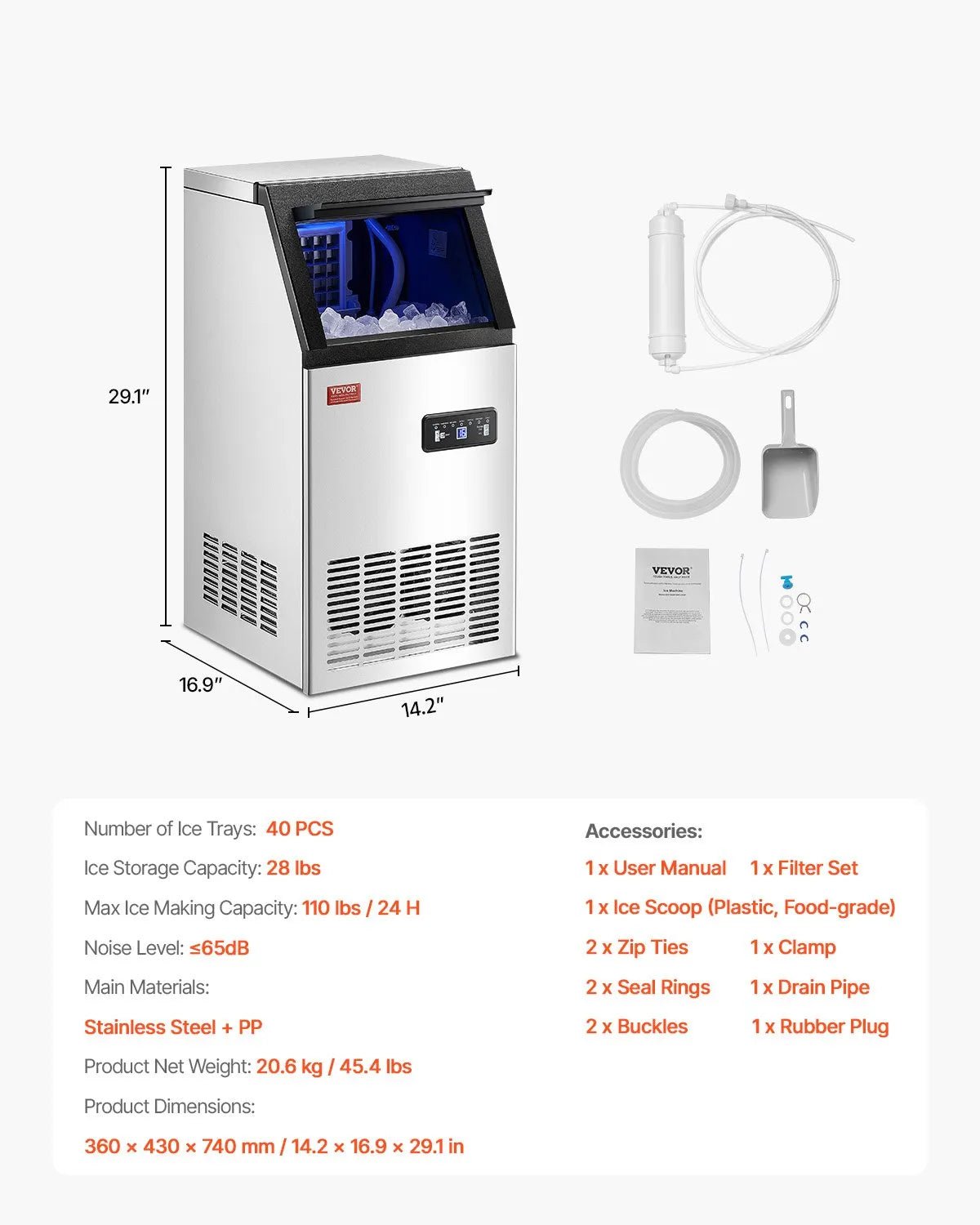 VEVOR komerciālais ledus ģenerators 49,9 kg/24 h ar 12,7 kg uzglabāšanas ietilpību, 36 kubiņi 15 minūtēs, brīvi stāvošs ar LED digitālo displeju un pašattīrīšanos, piemērots bāram, birojam un restorānam - ZEMLETES.LV