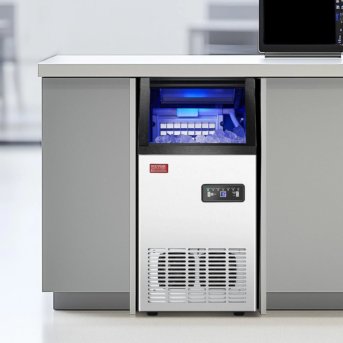 VEVOR komerciālais ledus ģenerators 49,9 kg/24 h ar 12,7 kg uzglabāšanas ietilpību, 36 kubiņi 15 minūtēs, brīvi stāvošs ar LED digitālo displeju un pašattīrīšanos, piemērots bāram, birojam un restorānam - ZEMLETES.LV