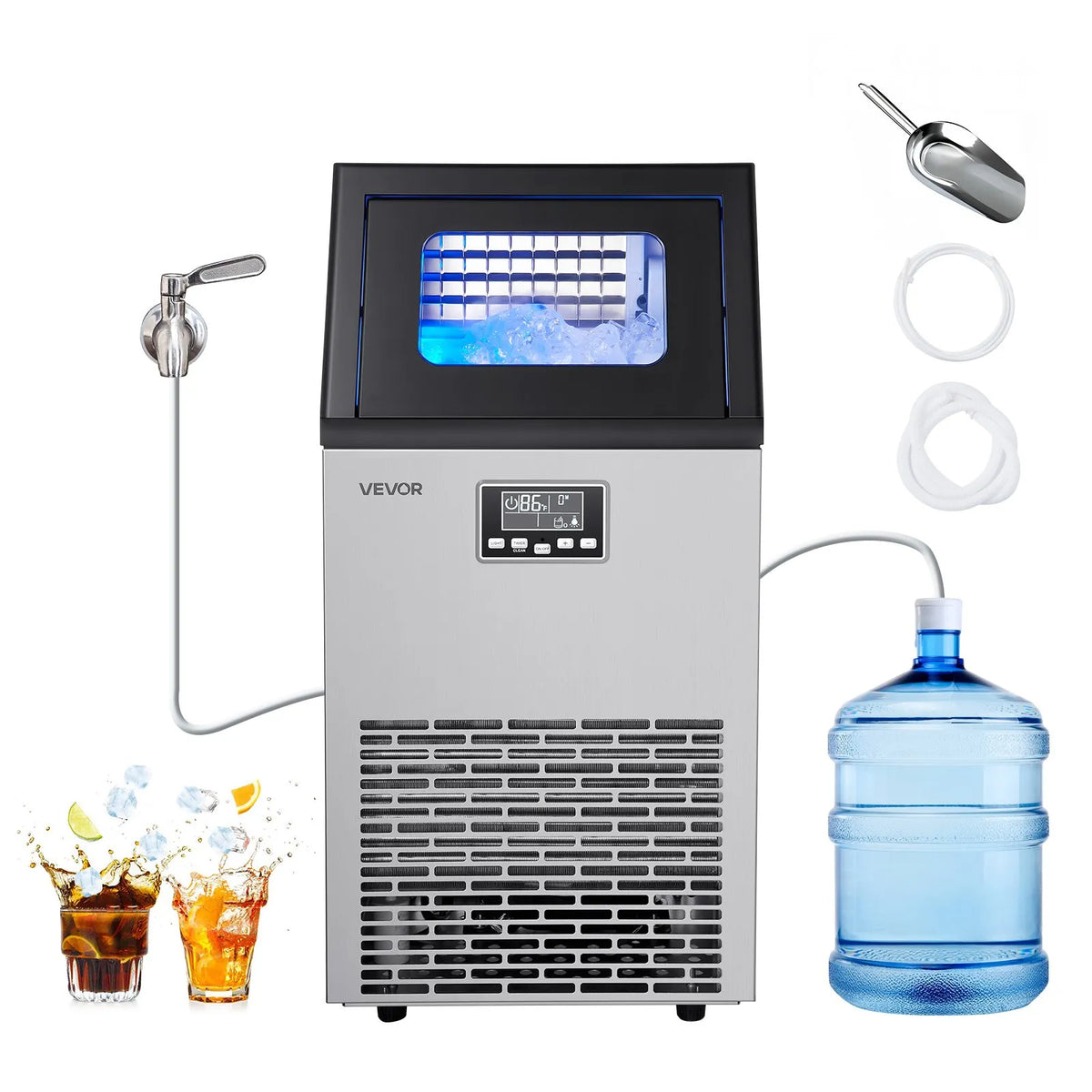 VEVOR komerciālais ledus ģenerators 54,43 kg/24 h ar 12,7 kg uzglabāšanas ietilpību, 45 kubiņi ciklā, nerūsējošā tērauda brīvi stāvošs vai iebūvējams ar LED displeju un pašattīrīšanos, piemērots bāram un restorānam - ZEMLETES.LV